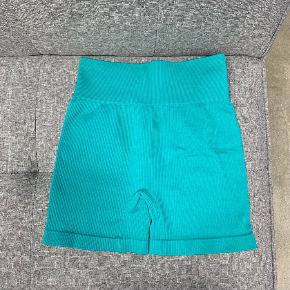 Amazon OQQ Teal Ribbed Seamless High Waisted Shorts